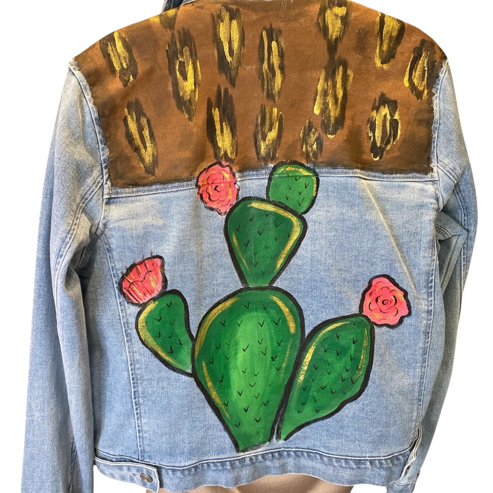 Hand-Painted Cactus Denim Jacket | Baccini Medium M | Leopard | One of a Kind - Picture 6 of 8